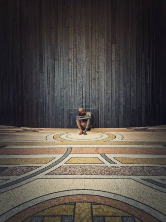 Téléchargez les photos : Paris, France, 18 novembre 2022. Nu par Ugo Rondinone une exposition à l'intérieur du Petit Palais. Statue humaine solitaire comme un homme assis sur le sol contre un fond de mur en bois - en image libre de droit
