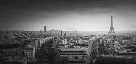 Photo for Black and white Paris panorama. Romantic aerial view over rooftops to the Eiffel Tower, France. Holiday destination, sightseeing parisian cityscape scene, historic landmarks on the horizon - Royalty Free Image