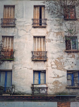 Foto de Fachada abandonada del edificio. Árboles y arbustos que crecen por ventanas, persianas oxidadas y paredes de hormigón agrietadas - Imagen libre de derechos