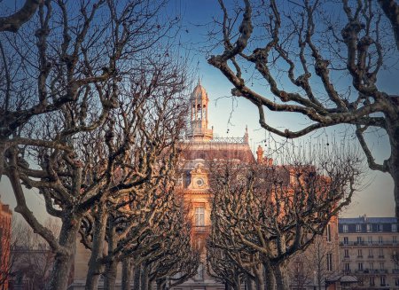 Photo for City Hall of Asnieres as seen through the leafless sycamore trees alley outdoors in the park. Asnires sur Seine mairie backyard facade view in sunset light, northwestern suburb of Paris, France - Royalty Free Image