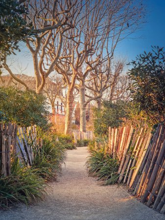 Foto de Sendero estrecho en el parque a lo largo de valla de madera, plantas y sicómoros en la plaza de la mairie de Asnieres-sur-Seine, París, Francia - Imagen libre de derechos