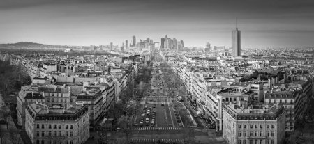 Photo for Black and white Paris cityscape panorama with view to La Defense metropolitan district, France. Champs-Elysee avenue, beautiful parisian architecture, historic buildings and landmarks on the horizon - Royalty Free Image