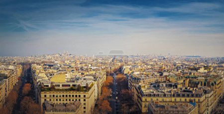 Photo for Paris cityscape panoramic view to Sacre Coeur Basilica of Montmartre, France. Beautiful parisian architecture with historic buildings and landmarks - Royalty Free Image