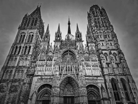 Photo for Outdoor facade view of Notre Dame de Rouen Cathedral in the Normandy, France. Architectural landmark black and white view - Royalty Free Image