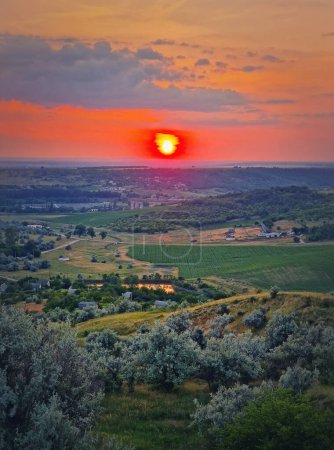 Téléchargez les photos : Coucher de soleil d'été rouge vue panoramique sur la vallée verdoyante avec des buissons et des arbres. Paysage naturel du soir - en image libre de droit