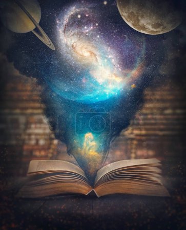 Photo for The world and universe inside a book surreal background. Educational and science concept with a magical open textbook casting a cosmic scene with galaxies, stars and planets. Inspirational storybook - Royalty Free Image