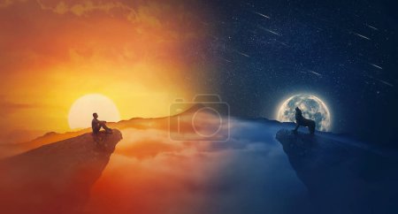 Photo for Equinox concept with sunrise against moonrise scene. Silhouettes of a person and a wolf on the edge of cliff, day equal night time - Royalty Free Image