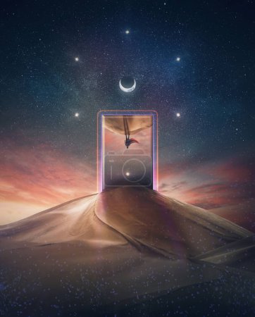 Parallelwelten-Portal geöffnet und eine geheimnisvolle Person mit Heldenumhang spiegelt sich im Neon-Tor inmitten einer Wüste unter dem magischen Nachthimmel mit einzigartigen astralen Symbolen