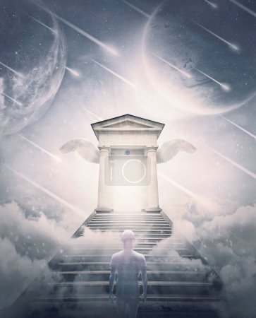 Foto de Alma humana subiendo las escaleras a las puertas del cielo. Viaje astral al paraíso, escena surrealista y abstracta con una puerta misteriosa en las nubes - Imagen libre de derechos