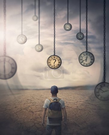 Photo for Different hour concept with a person lost in time walking a desolate land stands in front of multiple hanging down clocks has to choose the right moment in life - Royalty Free Image