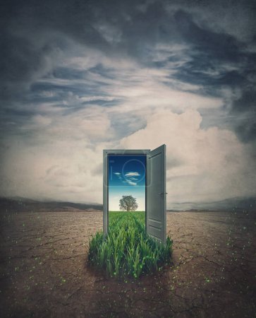 Foto de Una puerta en medio de una tierra seca que conduce a un campo verde. Concepto ambiental y de cambio climático. El futuro del calentamiento global y una puerta al pasado - Imagen libre de derechos