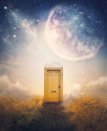 Dreamy scene with a mysterious door on a far away planet, fantastic cosmic sky on the background. Surreal adventure concept, magic teleportation doorway