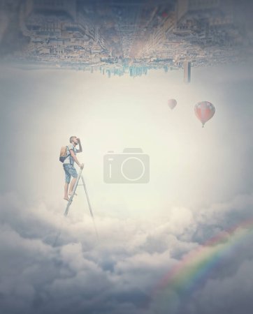 Foto de Escena surrealista con un hombre subiendo una escalera por encima de las nubes. Escena maravillosa aventura - Imagen libre de derechos