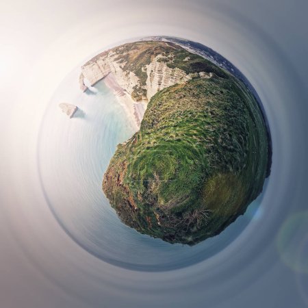 Photo for Sightseeing panoramic view to the Falaise d'Aval limestone cliffs as a micro planet in space. La Manche waters and continental side of Etretat, Normandy, France. Coastline scenery with rock Aiguille - Royalty Free Image