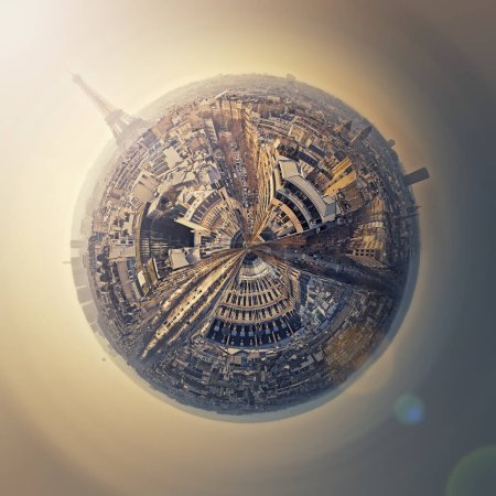 Photo for Aerial Paris as a mini planet in space. Sightseeing city panorama in shape o a globe with view to the Eiffel Tower, France. Parisian architecture and landmarks, romantic destination - Royalty Free Image