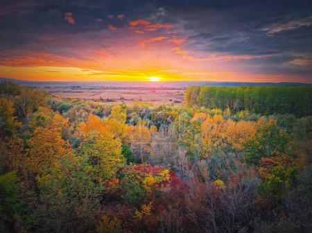 Téléchargez les photos : Paysage d'automne coloré. Beau coucher de soleil sur la vallée avec les bois multicolores. Paysage idyllique de la saison d'automne - en image libre de droit