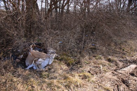 Foto de Caja de cartón envejecido arrojado como basura bajo los arbustos a lo largo de un campo de cultivo - Imagen libre de derechos