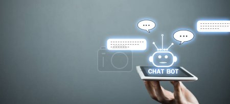Human using tablet with Chat Bot application for online information. Artificial Intelligence concept