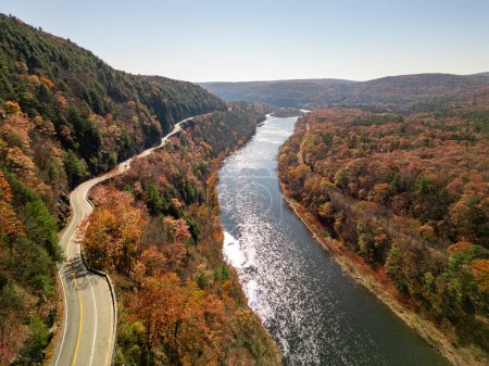 The Hawks Nest area view from drone on autumn.Delaware river in New York state