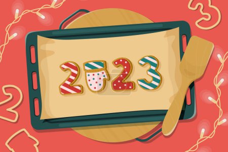 Illustration for Christmas gingerbread cookies on a baking sheet. Vector illustration. For holiday cards, congratulations, print - Royalty Free Image