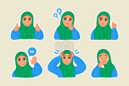 Téléchargez les illustrations : Jolie fille musulmane avec différentes expressions du visage. Illustration vectorielle - en licence libre de droit
