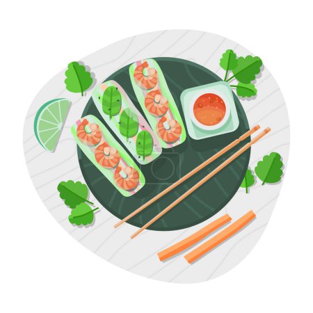 Illustration for Top view of spring rolls with vegetables, sauce and shrimp cartoon vector design - Royalty Free Image
