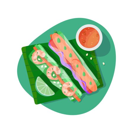 Illustration for Top view of spring rolls with vegetables, sauce and shrimp cartoon vector design - Royalty Free Image