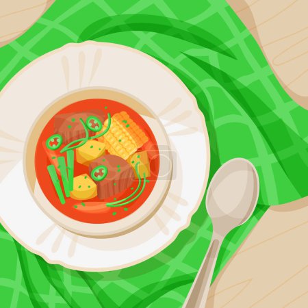 Illustration for Puchero, hot dish of Latin American cuisine. Thick meat soup with beans and vegetables - Royalty Free Image