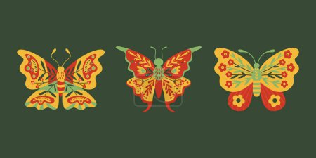 Téléchargez les illustrations : Papillons vectoriels d'art folklorique mis isolé sur un fond sombre. Illustration vectorielle - en licence libre de droit