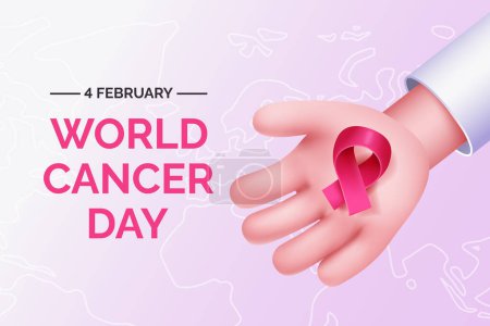 World cancer day, hand with ribbon, 3D vector illustration,