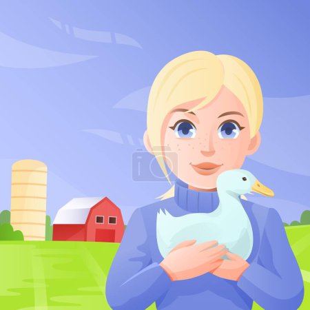 Illustration for Beautiful girl farmer holds duck in the farm courtyard. Cartoon vector illustration - Royalty Free Image