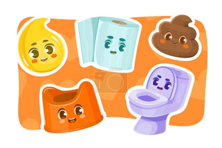 Illustration for Set of cute childrens characters with pee, poop, toilet paper, toilet and baby potty. Cartoon vector illustration - Royalty Free Image