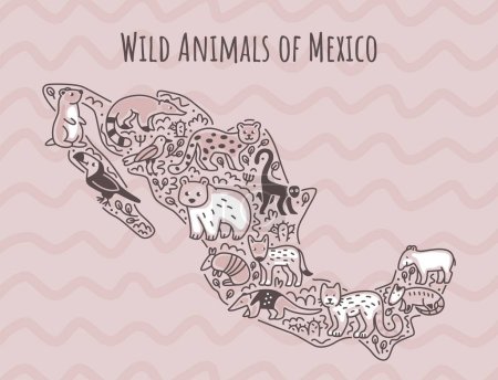 Ilustración de Animales de México en el mapa. Ilustración vectorial estilo Doodle. Esquema de boceto. - Imagen libre de derechos