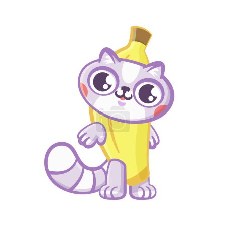 Ilustración de Gato feliz alegre en un traje de plátano, ilustración vector de dibujos animados sobre un fondo blanco. - Imagen libre de derechos