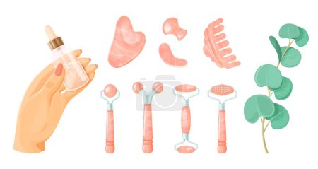 Ilustración de Conjunto de rodillos y herramientas masajeadoras faciales de gua sha rosa sobre fondo blanco. Tratamiento antienvejecimiento, elevación y tonificación - Imagen libre de derechos