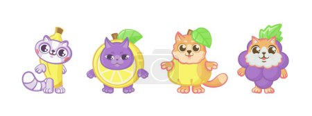 Ilustración de Conjunto de lindos gatos felices en trajes de frutas. Personaje de dibujos animados vector. - Imagen libre de derechos