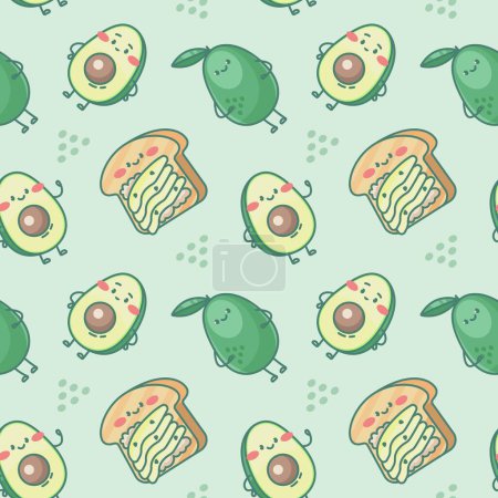 Illustration for Seamless pattern with cute avocado characters and toast with avocado slices. Vector illustration. - Royalty Free Image