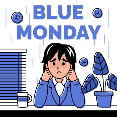 Téléchargez les illustrations : Illustration du lundi bleu avec un employé de bureau contrarié buvant du café à table. Vecteur de bande dessinée. - en licence libre de droit