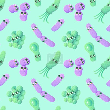 Illustration for Vector seamless pattern with cartoon bacteria and germ characters. - Royalty Free Image