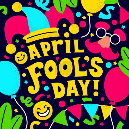 Illustration for April Fools Day banner with hand drawn decorative lettering, laughing cartoon faces and jester hat. Vector illustration. - Royalty Free Image