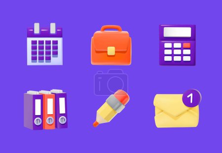 Lebendige Sammlung von Office-3D-Icons mit Kalender, Aktentasche, Taschenrechner, Ordner, Bleistift und E-Mail-Benachrichtigung. Set von Geschäftssymbolen auf violettem Hintergrund