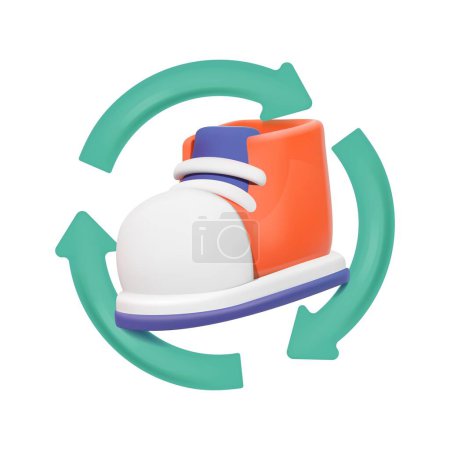 3D vector illustration of sneakers with recycling arrows. Icon for reselling used shoes and clothing. Concept of conscious consumption.