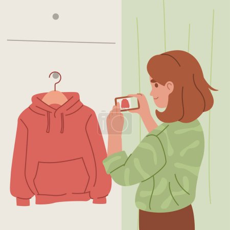 Frau fotografiert roten Kapuzenpulli auf Kleiderbügel. Lady fängt Sweatshirt mit ihrem Handy ein. Person schießt Kleidungseinkauf auf Zelle. Konzept des Wiederverkaufs von Bekleidung. Flache Vektorabbildung.