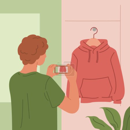 Man photographing red hoodie on hanger to sell online. Person captures sweatshirt with his phone. Concept of reselling apparel. Flat vector illustration.