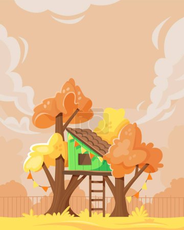 Cartoon autumnal treehouse scene. Warm-toned illustration of a cozy treehouse among autumn leaves. Little green tree fort.