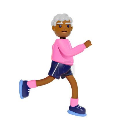 Elderly man in casual attire jogging. 3D character is running. Retired senior person fitness healthy lifestyle. Isolated vector illustration.