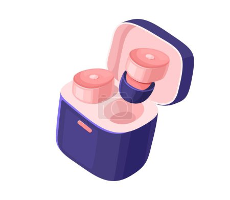 Wireless Earbuds in pink and blue with Charging Case. Vector illustration of isolated modern headphones. Close-up, bright colors.