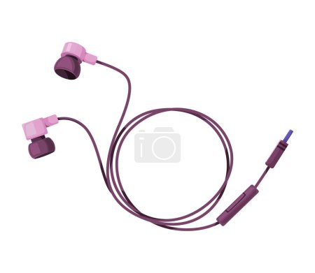 Sleek purple earbuds with inline remote on white. Simple close-up vector illustration of headphones.