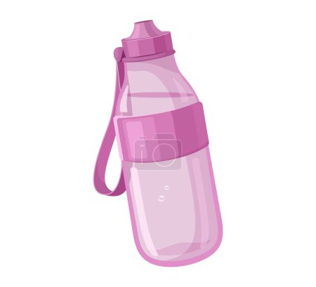 Transparent pink water bottle with strap and protective lid isolated. Vector illustration. Hydration and outdoor activity concept.