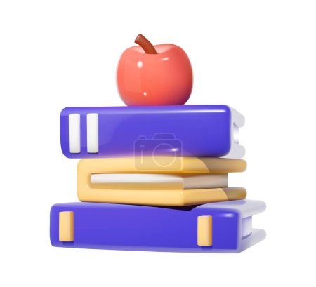 Stack of colorful books with a red apple on top. 3D icon isolated. Education and learning concept.
